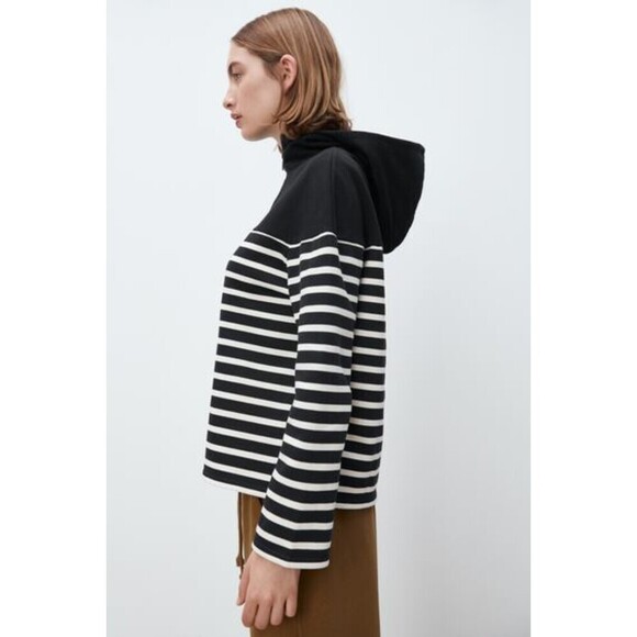 Navy Blue White Striped Zara Half Zip Long Sleeve Hoodie Sweatshirt (NWT) - Picture 4 of 9